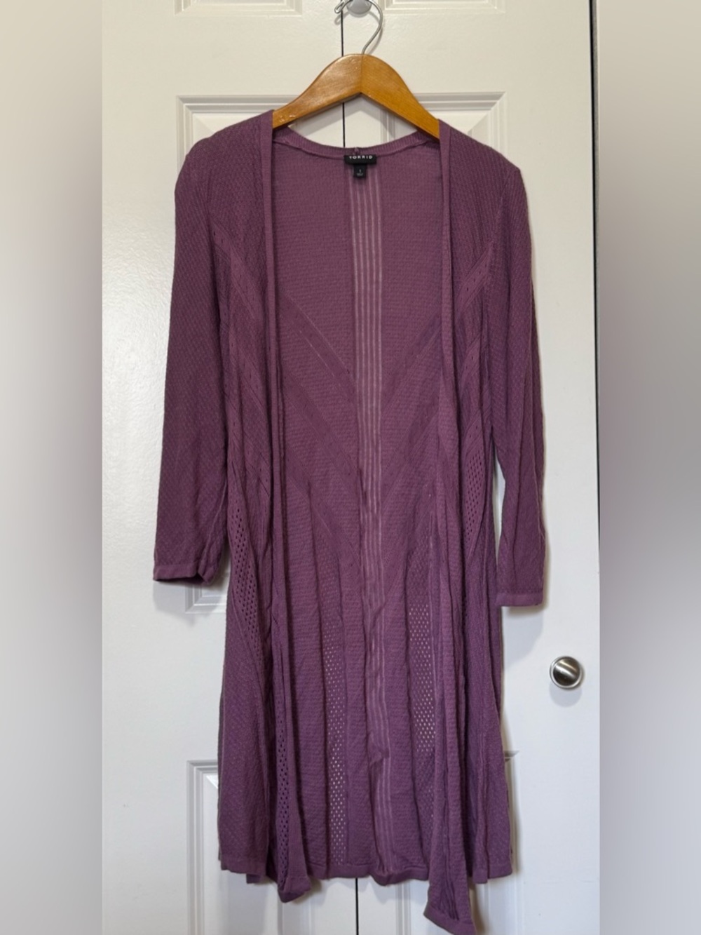 Torrid Size 1 Purple Open Knit Duster Cardigan 3/4 Sleeve Lightweight Layer